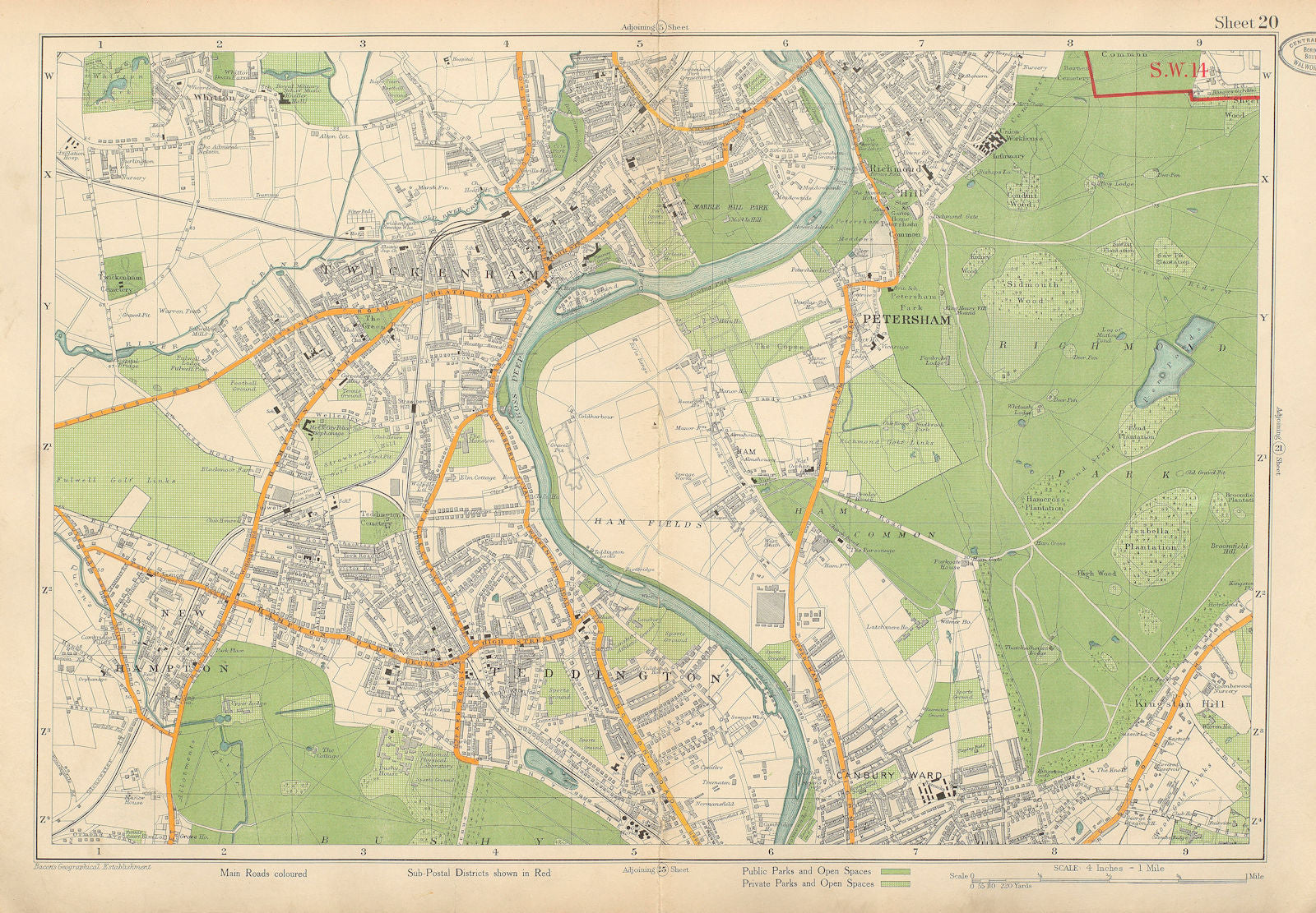 TWICKENHAM TEDDINGTON Petersham Richmond Hill/Park Ham Kingston. BACON 1934 map